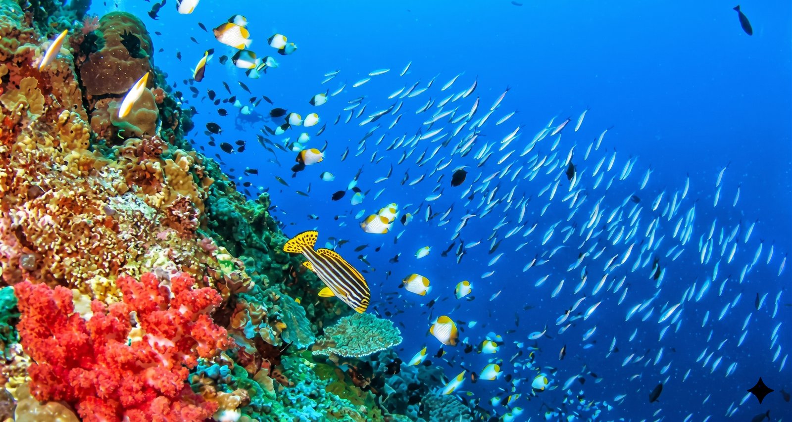 Schools of fish over the reefs of Bunaken